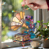 Vintage Gramophone Acrylic Suncatcher, Stained Glass Style Music Lover Window Hanging, Retro Floral Home Decor Gift